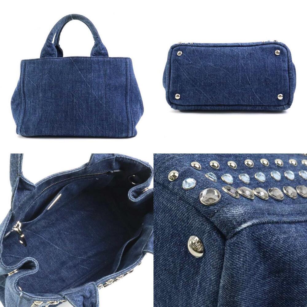 Prada 2way Handbag Crossbody Canapa Denim Blue Silver - Picture 3 of 5